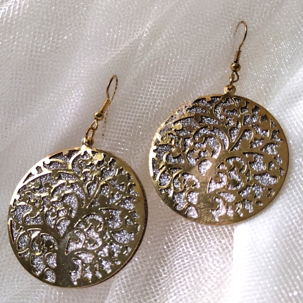Gold Silver Tone Filigree Round Dangle Earrings Boho Statement Floral Drop